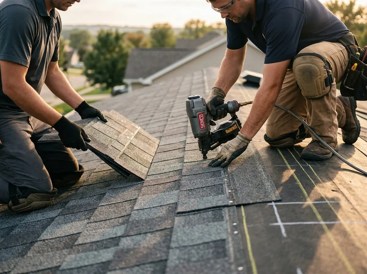 Professional roofer working on a residential roof in Nashville